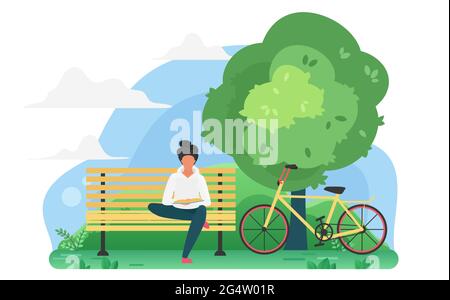 Young guy reading a book in a park near the bike vector illustration Stock Vector