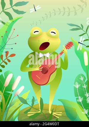 Frog or Toad Singing and Playing Guitar on Swamp Stock Vector