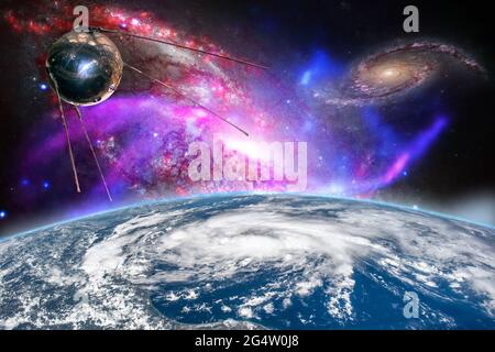 sattelite in space above earh is orbiting the planet future technology. Elements of this image furnished by NASA
