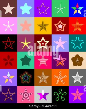 Multicolor various designs of Star Shape, vector icon set. Stars seamless background. Stock Vector