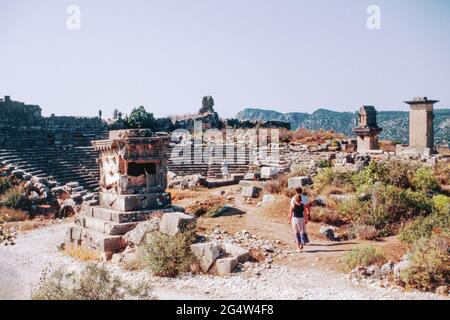 Xanthos - ruins of ancient town In Antalya province (the largest city in Lycia in Hellenistic era), Turkey. Roman Amphitheatre. Archival scan from a slide. October 1985. Stock Photo