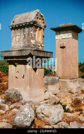Xanthos - ruins of ancient town In Antalya province (the largest city in Lycia in Hellenistic era), Turkey. Sarcophagus of Xanthos and the Harpy Tomb. Archival scan from a slide. October 1985. Stock Photo