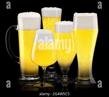 Set of fresh stout beer glasses with bubble froth isolated on black background. Stock Photo