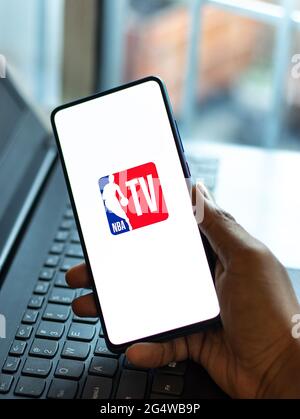 NBA TV logo on phone screen stock image. Stock Photo