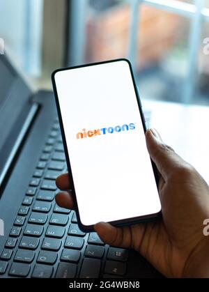 Nicktoons logo on phone screen stock image. Stock Photo