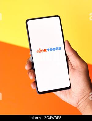 Nicktoons logo on phone screen stock image. Stock Photo