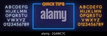 Quick Tips neon sign with frame on brick wall background. Template for design. Yellow and white neon alphabets. Stock Vector