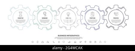 Line infographic gears with 5 steps. Vector timeline with cogwheels for business concept and chart Stock Vector