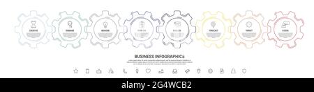 Line infographic gears with eight steps. Vector timeline with cogwheels for business concept and chart Stock Vector