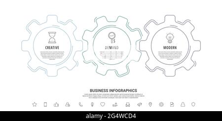 Line infographic gears with 3 steps. Vector timeline with cogwheels for business concept and chart Stock Vector