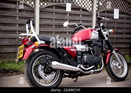 Woodbridge Suffolk UK June 04 2021: A classic Triumph Legend parked up in the middle of a busy town. Classic motorbike Stock Photo