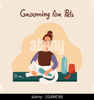 Grooming for pets, girl combs a cat, vector illustration in flat styl. Stock Vector
