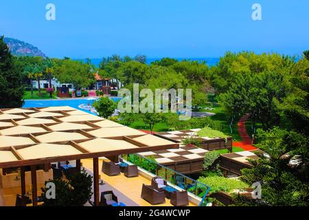 Beldibi, Kemer, Antalya, Turkey - May 11, 2021: The view of Rixos Beldibi hotel 5 stars at Beldibi, Kemer, Antalya, Turkey on May 11, 2021 Stock Photo