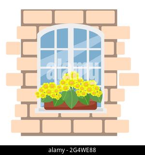 Box with yellow flowers on the window, brick wall with white window, vector illustration in flat style, cartoon, isolated Stock Vector