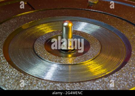 A Close-Up Studio Photograph of a the Turntable of a Home Record Player Stock Photo