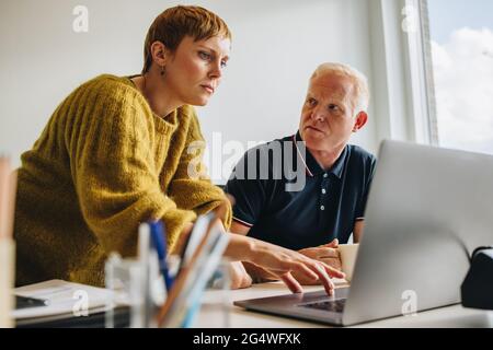 businesswoman using laptop with colleague sitting by at desk. Two office colleagues using laptop. Stock Photo