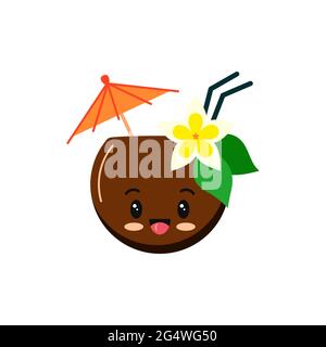 Coconut coctail with straw, flower and umbrella. Stock Vector