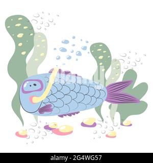 Cartoon funny blue fish in an underwater mask swims on the seabed among the seaweed. Funny tropical fish. Tropical vacation. Fish underwater. Stock Vector