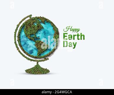 Happy Earth day concept. 3D world design eco-friendly. Earth map shapes isolated with forest and sea. Save the Earth concept. Happy Earth Day, 22 Apri Stock Photo