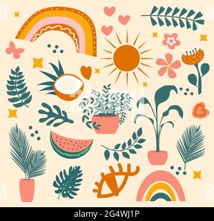 Hello summer boho abstract set of objects with tropical palm leaves and fruits, rainbow. Summer creative contemporary aesthetic doodle elements Stock Vector