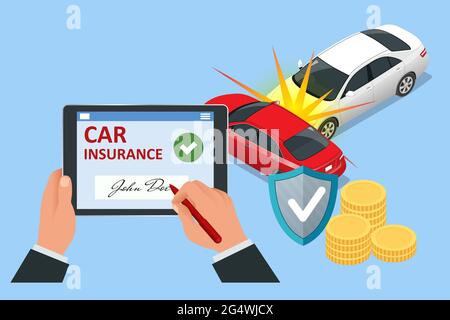 Insurance policy. Isometric Car Insurance services. Stock Vector