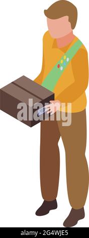 Scout boy with box icon isometric vector. Explore camp. Camper summer cookies Stock Vector