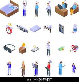 Sleep problems icons set. Isometric set of sleep problems vector icons for web design isolated on white background Stock Vector