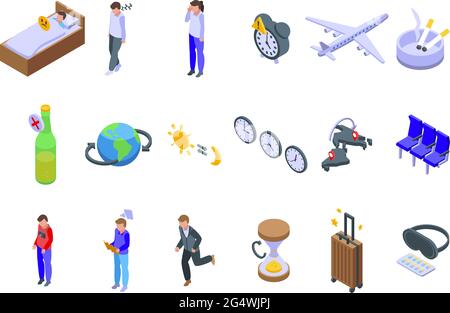 Jet lag icons set. Isometric set of jet lag vector icons for web design isolated on white background Stock Vector