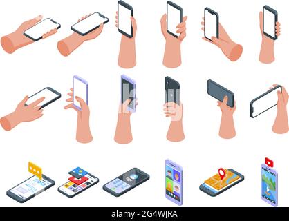 Hand holding phone icons set. Isometric set of hand holding phone vector icons for web design isolated on white background Stock Vector