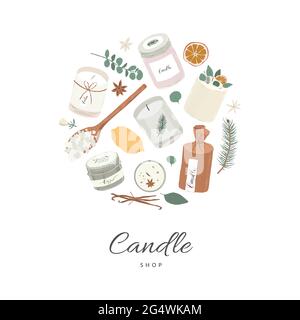 Card template with soy wax candles illustrations, vector banner with copy space, round composition, various scented candles, hand drawn modern Stock Vector