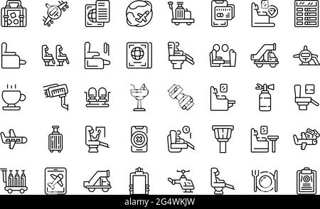 First class travel icons set. Outline set of first class travel vector icons for web design isolated on white background Stock Vector
