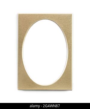 Empty oval golden photo frame isolated on white background Stock Photo