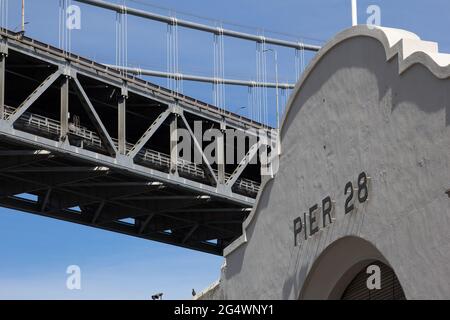 San Francisco in Northern California is a hilltop city located at the tip of a peninsula surrounded by the Pacific Ocean and San Francisco Bay. It is Stock Photo