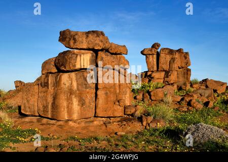 Giants' Playground on  Farm Gariganus east of Keetmanshoop: weathered dolerite rocks (spheroidal weathering) in morning light, Karas Region, Namibia Stock Photo