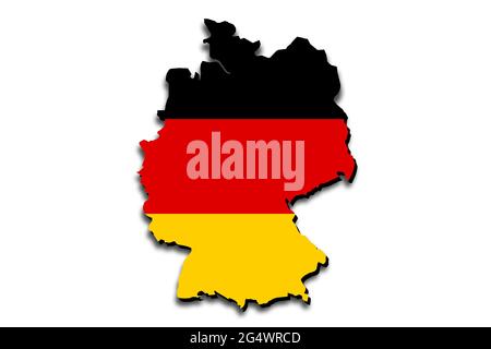 Outline map of Germany with the national flag superimposed over the country. 3D graphics casting a shadow on the white background Stock Photo