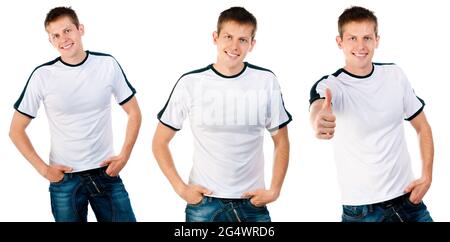 Man in white T shirt on isolated on a white background for your design Stock Photo