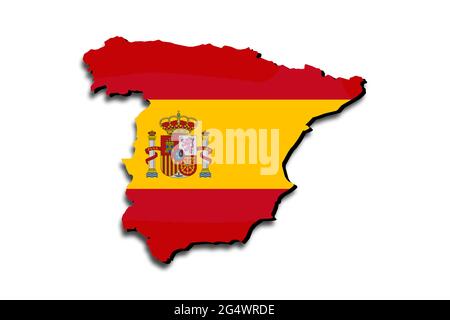 Outline map of Spain with the national flag superimposed over the country. 3D graphics casting a shadow on the white background Stock Photo