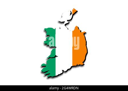 Outline map of Ireland with the national flag superimposed over the country. 3D graphics casting a shadow on the white background Stock Photo