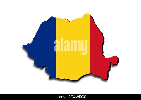 Outline map of Romania with the national flag superimposed over the country. 3D graphics casting a shadow on the white background Stock Photo