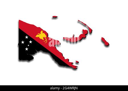 Outline map of Papua New Guinea with the national flag superimposed over the country. 3D graphics casting a shadow on the white background Stock Photo