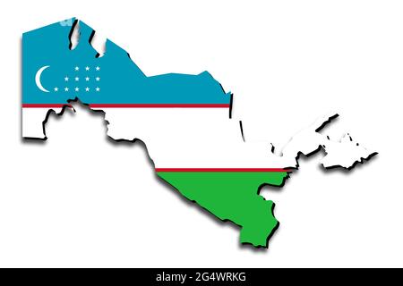 Outline map of Uzbekistan with the national flag superimposed over the country. 3D graphics casting a shadow on the white background Stock Photo