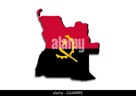 Outline map of Angola with the national flag superimposed over the country. 3D graphics casting a shadow on the white background Stock Photo