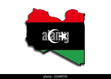Outline map of Libya with the national flag superimposed over the country. 3D graphics casting a shadow on the white background Stock Photo