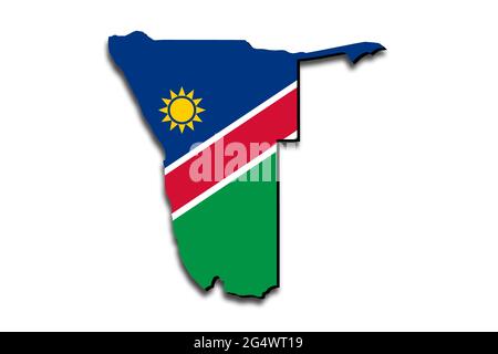 Outline map of Namibia with the national flag superimposed over the country. 3D graphics casting a shadow on the white background Stock Photo