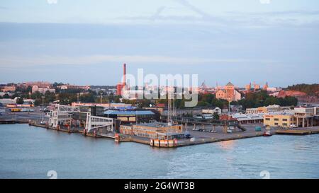 Cityscape of Turku, Finland with the sea terminals of Viking Line (right) and Tallink Silja Line ferries in front Stock Photo