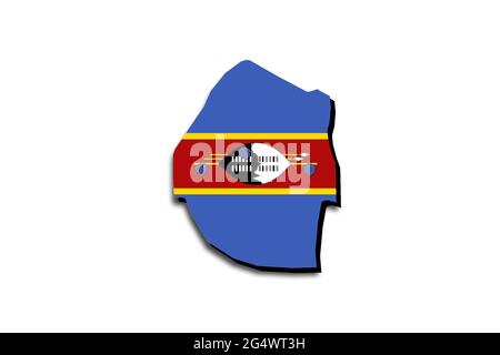 Outline map of Swaziland with the national flag superimposed over the country. 3D graphics casting a shadow on the white background Stock Photo