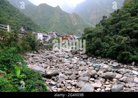 Peru Machu Picchu Aguas Calientes - City and Urubamba River Stock Photo