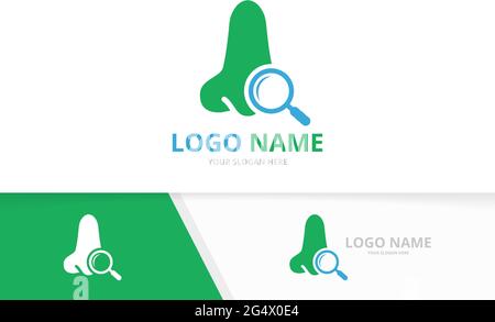 Vector nose and loupe logo combination. Magnifying glass, otolaryngology logotype design template. Stock Vector