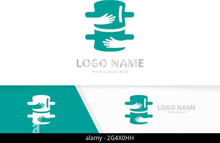 Vector spine and embrace logo combination. Vertebral column and hands logotype design template. Stock Vector