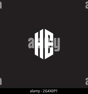 HE Logo monogram with hexagon shape style design template isolated on black background Stock Vector